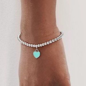 Tiffany Blue Silver Heart Tag Bead Bracelet